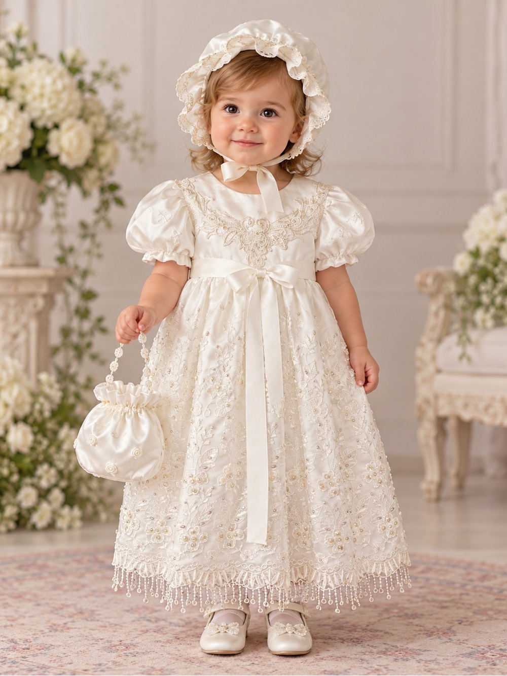 Lito Girls Medium Ivory Formal Dress Bonnet Purse 3pc NWT